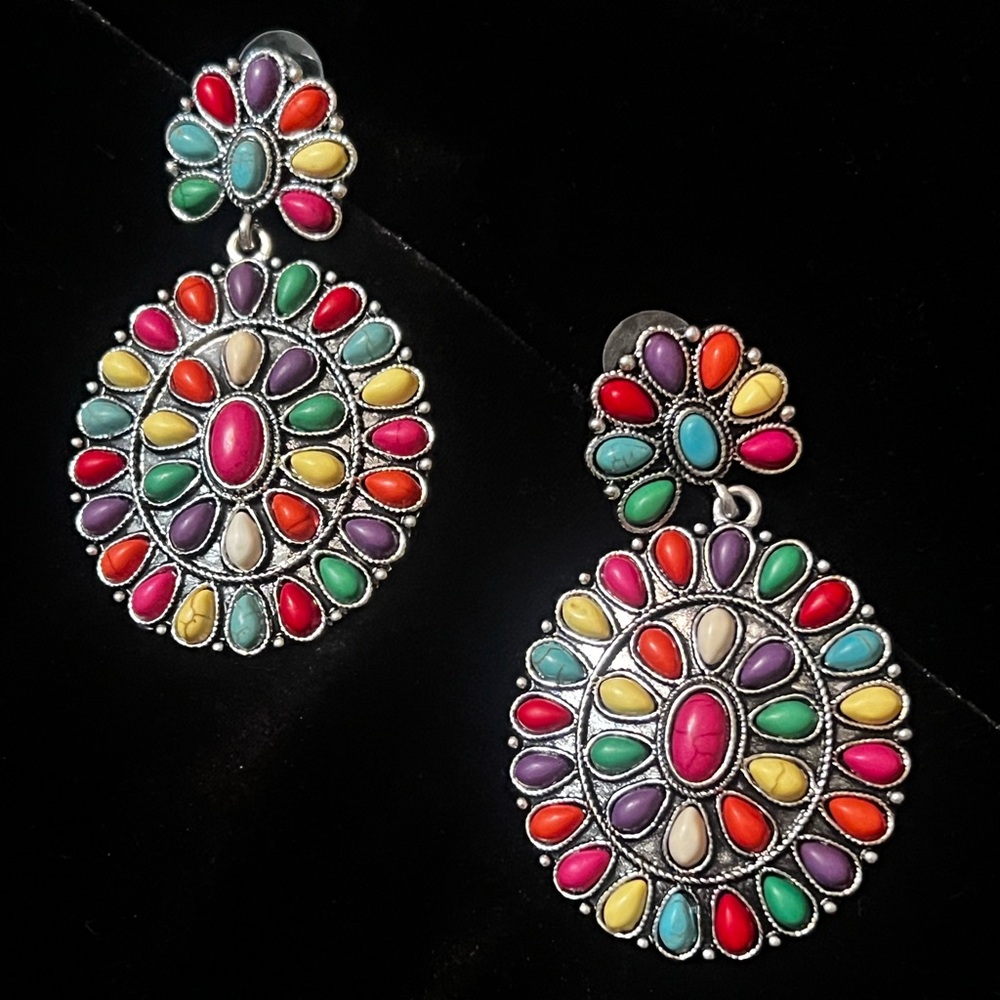 Southwestern Style Multi Colored Stone Cluster Statement Dangle Earrings
